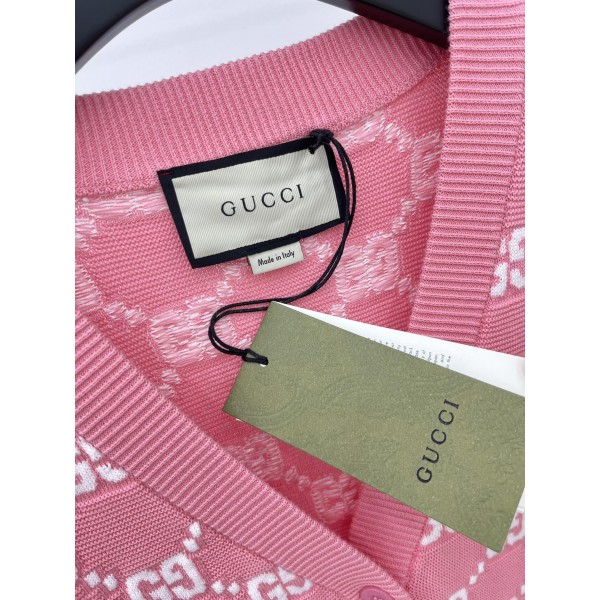 Gucci古馳高仿原单24ss新品粉色提花针织开衫