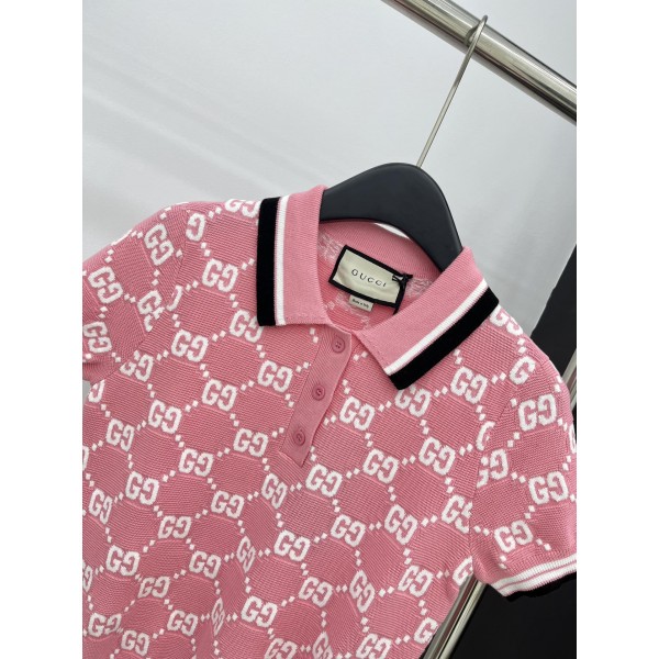 Gucci古馳高仿服飾24ss新品粉色提花针织polo衫