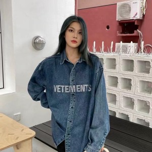 Vetements 2021春夏字母亮鑽休閒寬鬆牛仔長袖襯衫男女