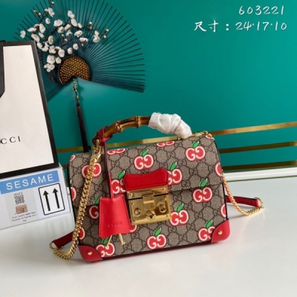 GUCCI古馳 新款。市場頂級獨家控貨，專櫃品質 採用進口牛皮，原廠五金！精緻做工。獨家實物拍照品質如圖可見。款號: 603221。尺寸：寬24*高17*側寬10。顏色：PVC/蘋果