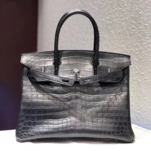 Hermes愛馬仕包包 birkin ck89黑 尼祿鱷 霧面 30cm 銀