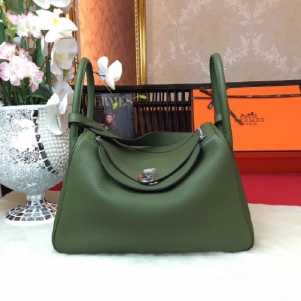 愛馬仕Hermes Lindy 30cm 原廠頂級進口原廠togo皮 配 手工蜜蠟線縫製 老工匠手藝 愛馬仕Hermes 經典款 【墨綠】銀扣