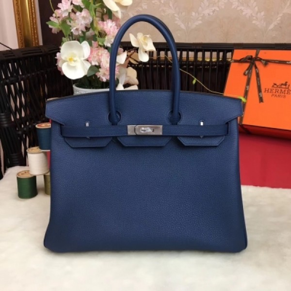 愛馬仕Hermes包包 經典款～【現貨】 BirKin35cm 原廠頂級進口小牛皮 全手工蜜蠟線縫製 老工匠手藝 細節完美無瑕疵 【寶藍】金銀扣