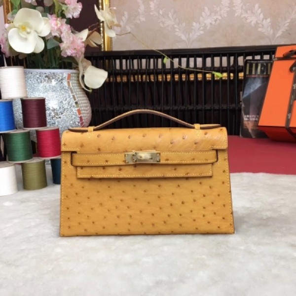 愛馬仕Hermes-Mini Kelly22cm 進口頂級鴕鳥 純手縫蠟線 【稻草黃】金扣 客定實拍 接受定制款