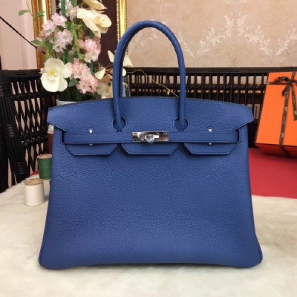 愛馬仕Hermes包包 經典款～【現貨】 BirKin35cm 原廠頂級進口小牛皮 全手工蜜蠟線縫製 老工匠手藝 細節完美無瑕疵 【瑪瑙藍】金銀扣