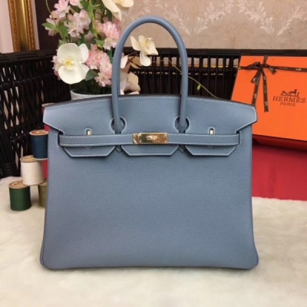 愛馬仕Hermes包包 經典款～【現貨】 BirKin35cm 原廠頂級進口小牛皮 全手工蜜蠟線縫製 老工匠手藝 細節完美無瑕疵 【亞麻藍】金銀扣