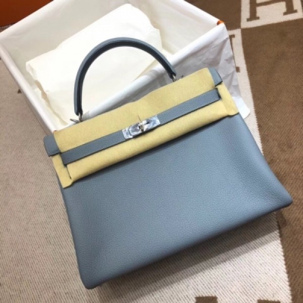 愛馬仕Hermes Kelly 32Cm Togo J7 Bule Lin 亞麻藍 銀扣 頂級工藝 手縫蠟線