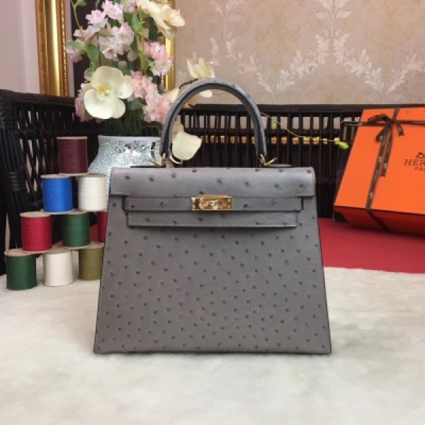 愛馬仕Hermes Kelly 25cm 進口頂級鴕鳥 全手工打造 進口蠟線 原廠五金 【毛鼠灰】金扣每一個環節都力求完美，每一針一線都透著工匠精神！